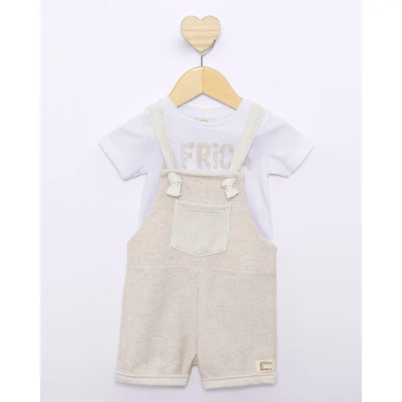 Conjunto Jardineira Bebê Curto Bolso Frontal Bege M