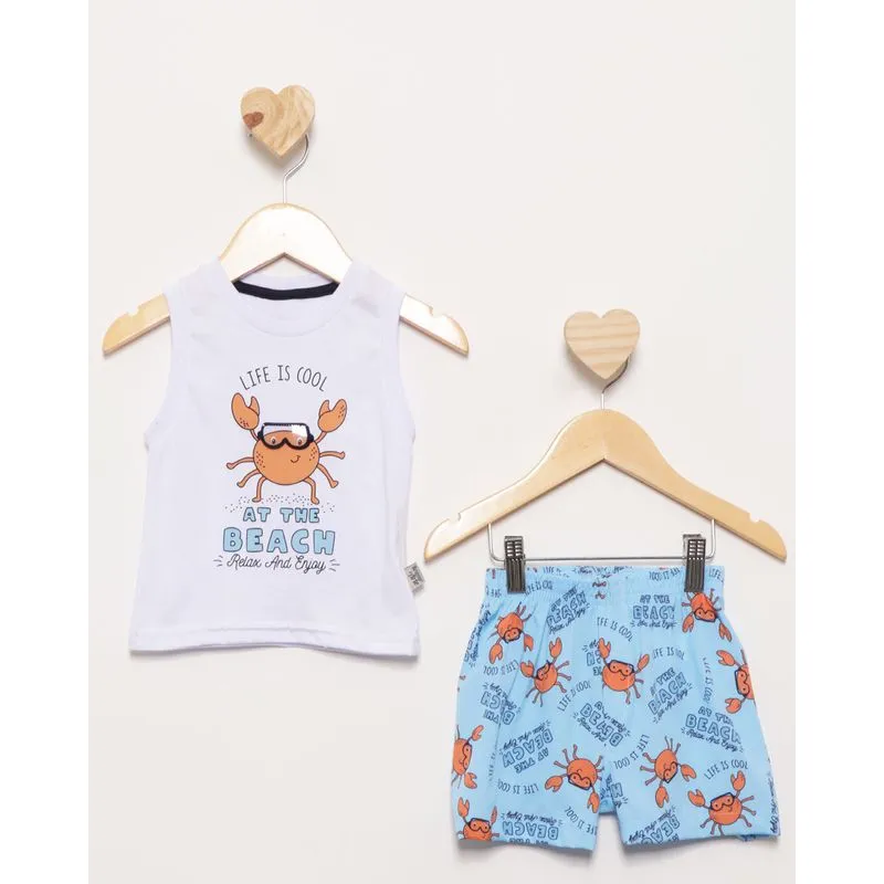 Conjunto Regata Bebê Curto Estampa Caranguejo Manga Curta Branco M