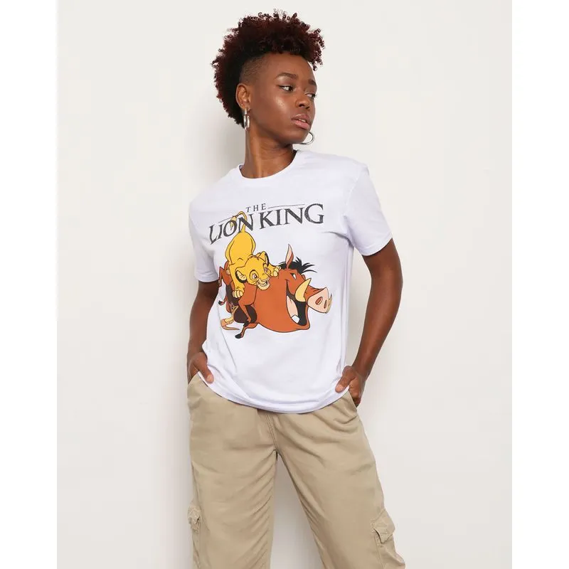 Camiseta Feminina Manga Curta Com Estampa Rei Leão Branca P