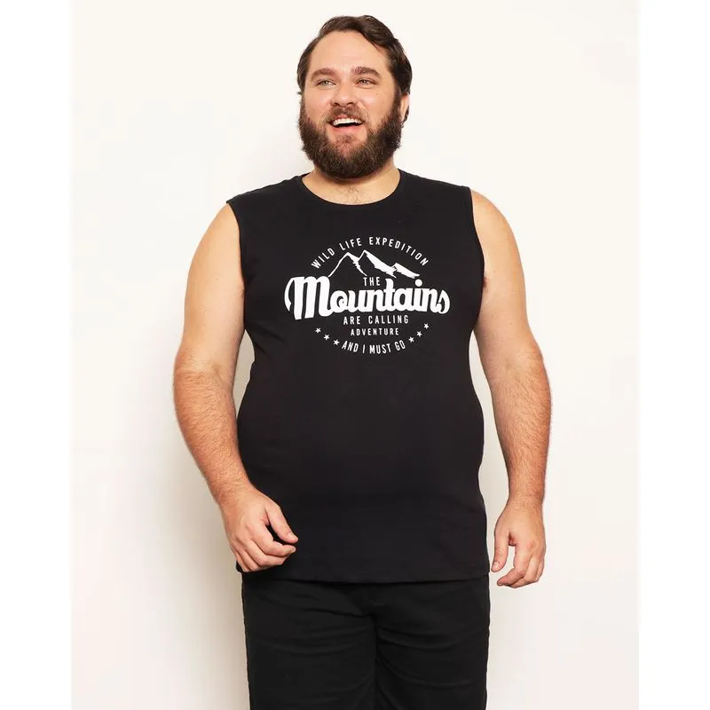 Regata Plus Size Masculina Estampa Montanha Preta G2