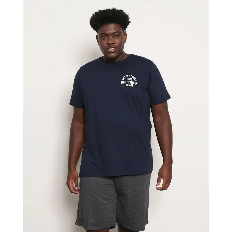 Camiseta Plus Size Masculina Manga Curta Estampa Frontal Marinho G3