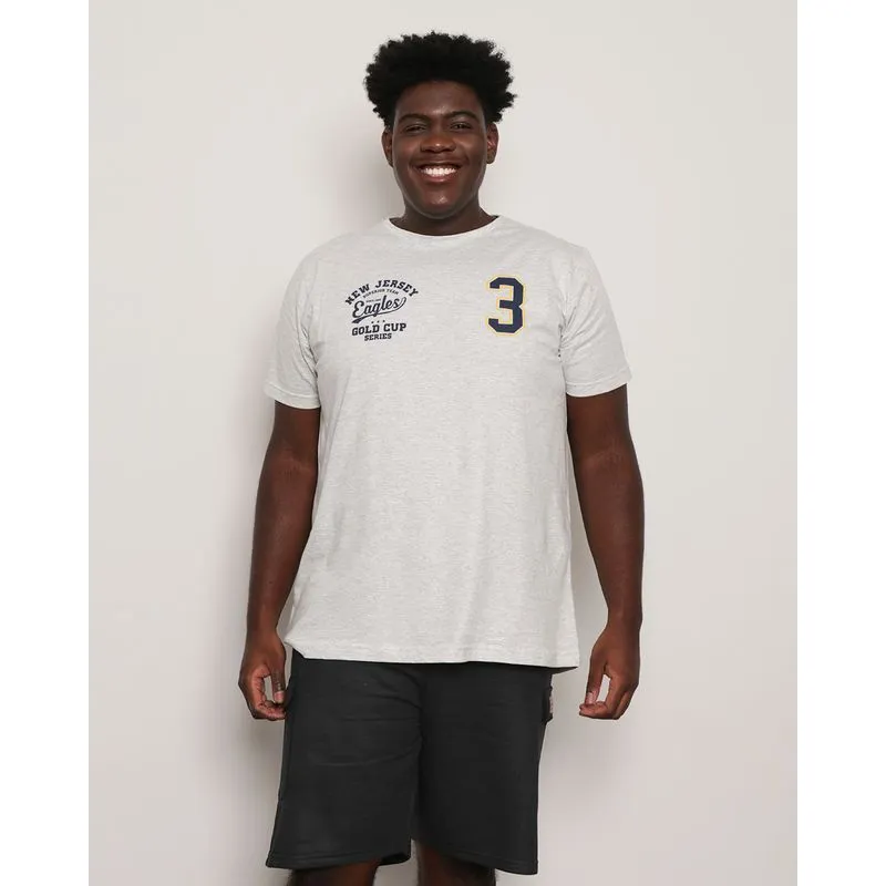 Camiseta Plus Size Masculina Manga Curta Estampa Frontal Mescla Cinza G2