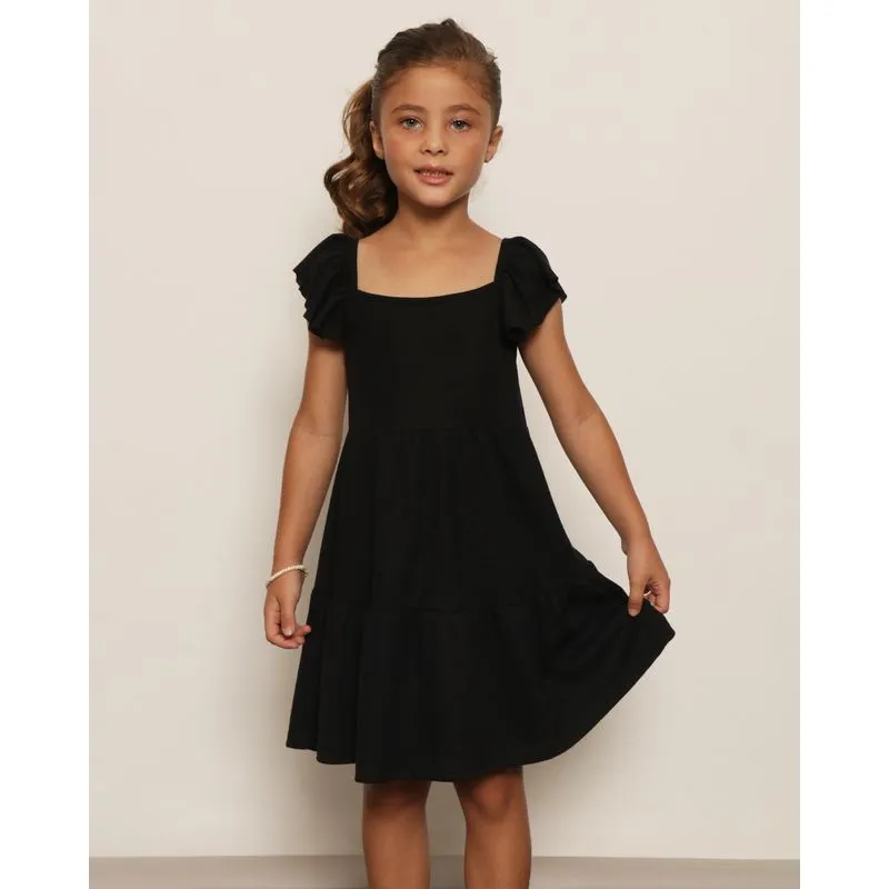 Vestido Infantil Manga Curta Com Babado Canelado Três Marias Preto 6