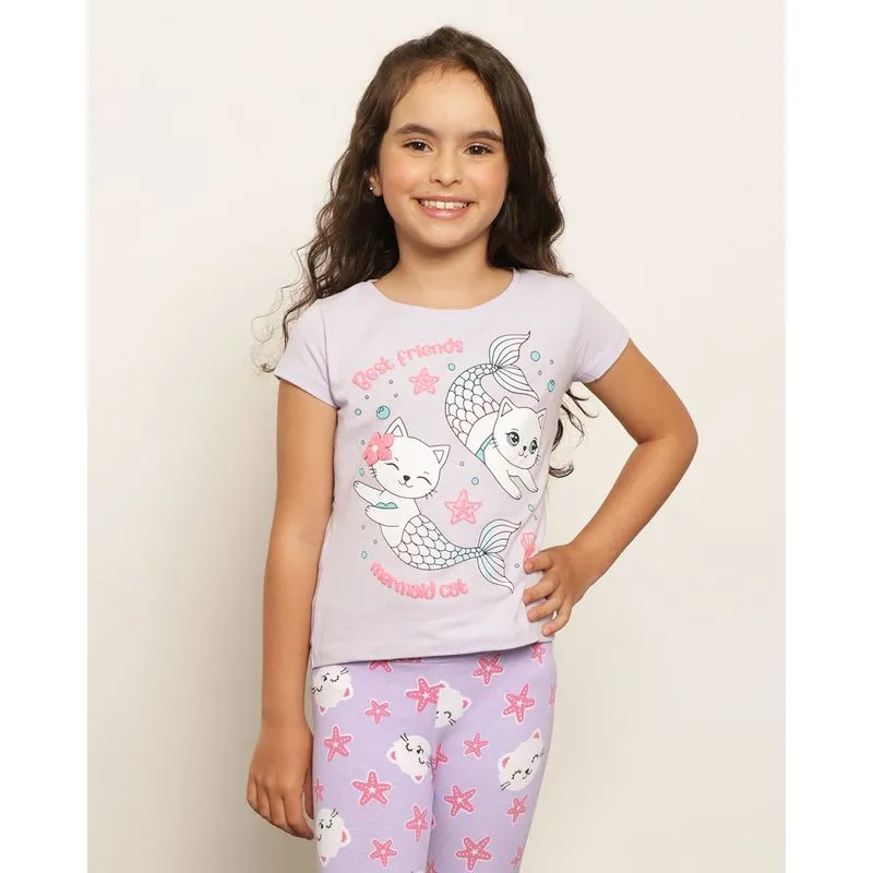 Blusa Infantil Estampa Gato Sereia Com Glítter Manga Curta Lilás Claro 10