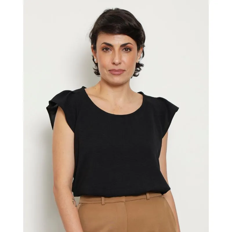 Blusa Feminina Manga Curta Com Babado Preta P