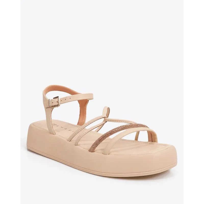 Sandália Feminina Flatform Ramarim Com Tira de Strass Bege 38