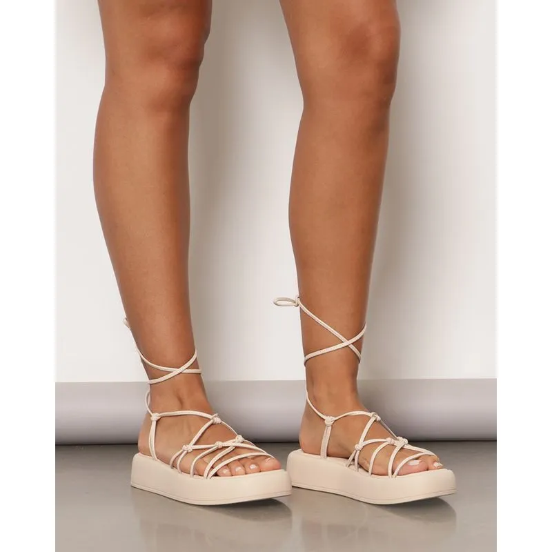 Sandália Feminina Flatform Ramarim Com Tiras Para Amarração Bege 36