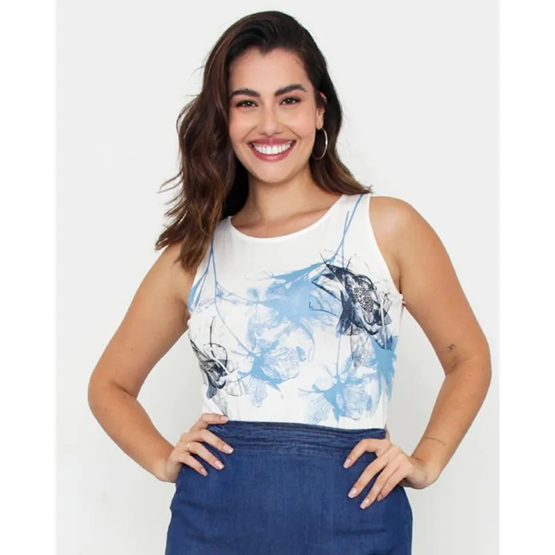 Regata Feminina Estampa Floral com Brilho Off White P