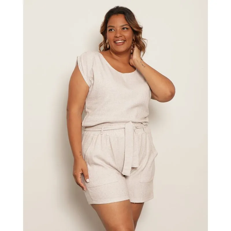 Blusa Plus Size Feminina Moletinho Decote Redondo Bege G1