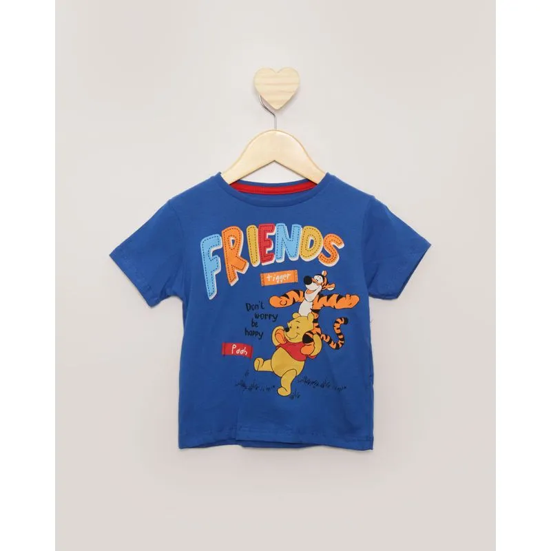 Camiseta Bebê Menino Disney - Pooh E Tigrão Estampa Frontal Manga Curta Gola Careca Azul 2
