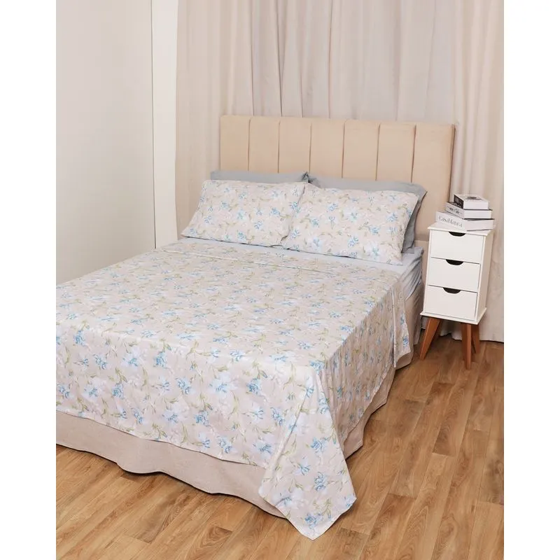 Jogo de Cama Casal Corttex Percal Estampa Floral 4 Peças Bege UN