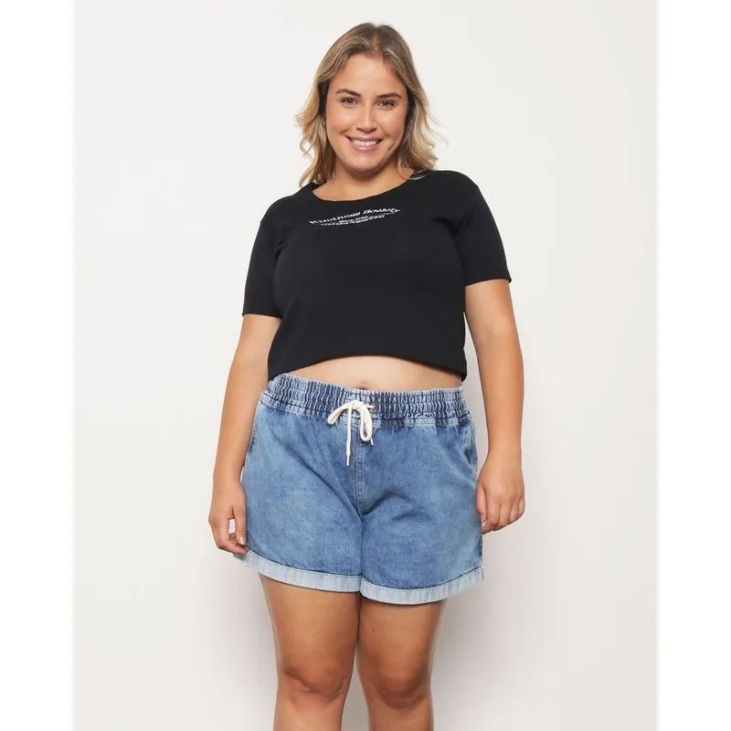 Blusa Plus Size Feminina Cropped Manga Curta Bordado Frontal Preta G1