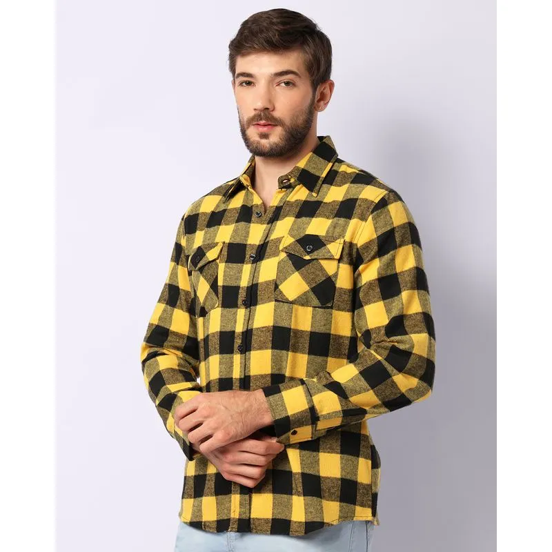 Camisa Masculina Flanelada Xadrez Com Bolsos Amarela GG