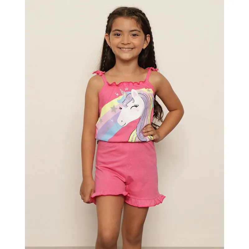 Macaquinho Infantil Curto Estampa Unicórnio Com Paetê Rosa 4