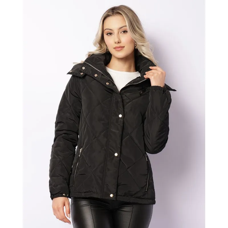 Jaqueta Feminina Puffer Zíper Com Capuz Removível Preta M