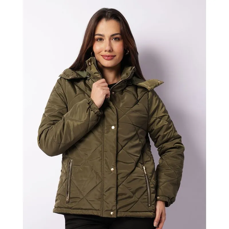 Jaqueta Feminina Puffer Zíper Com Capuz Removível Verde G
