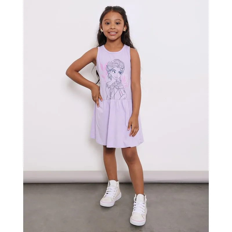 Vestido Infantil Regata Curto Disney Estampa Frozen Lilás 4