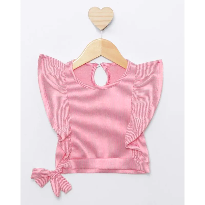Blusa Bebê Com Babados Amarração Lateral Listrada Rosa 1