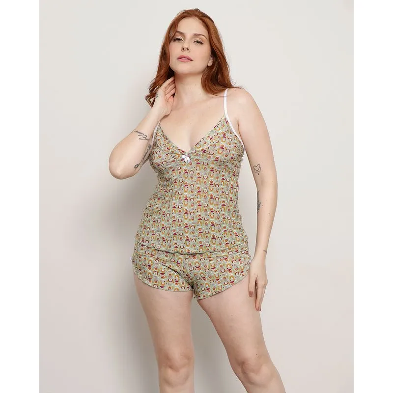 Short Doll Feminino Curto Com alcinha Estampado Verde P