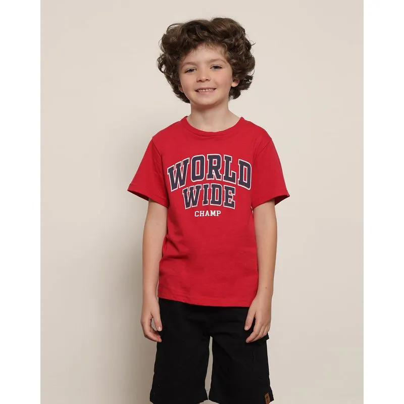 Camiseta Infantil Menino com Estampa World Wide Manga Curta Gola Careca Vermelha 8