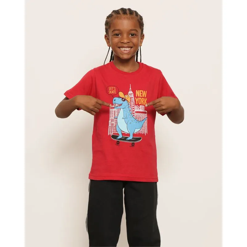 Camiseta Infantil Estampa Dinossauro Manga Curta Vermelho 6
