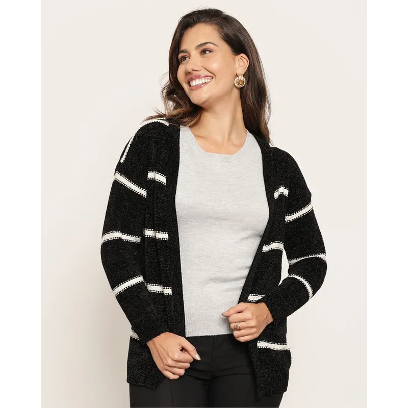 Cardigan Feminino Chenille Listrado Preto G