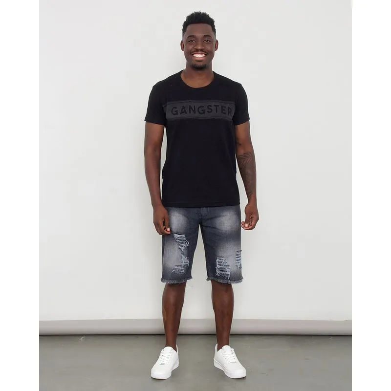 Bermuda Jeans Masculina Reta Destroyed Barra Desfiada Cinza 36
