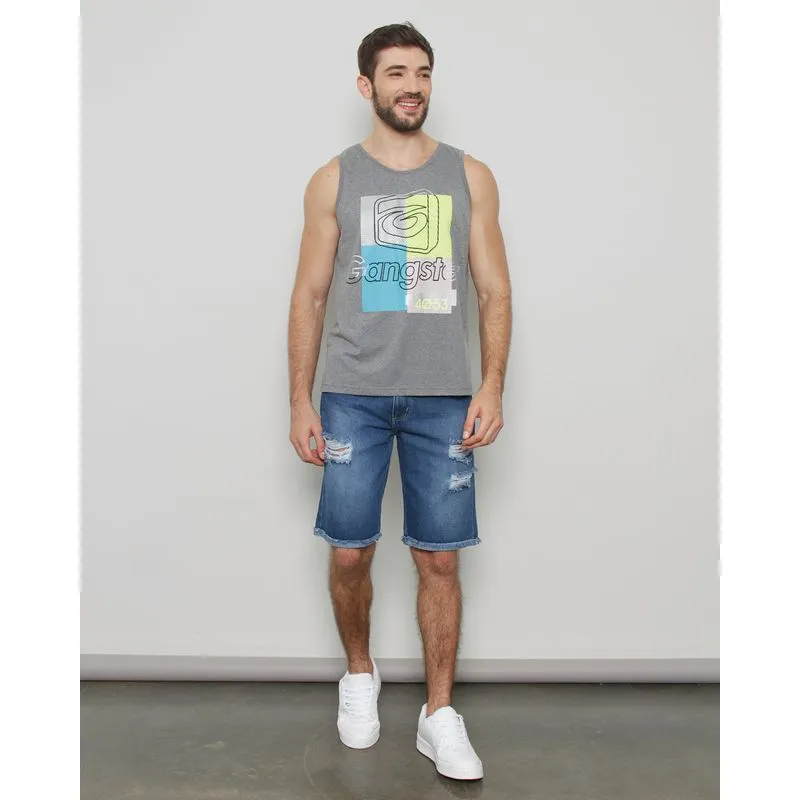 Bermuda Jeans Masculina Reta Destroyed Barra Desfiada Azul 42