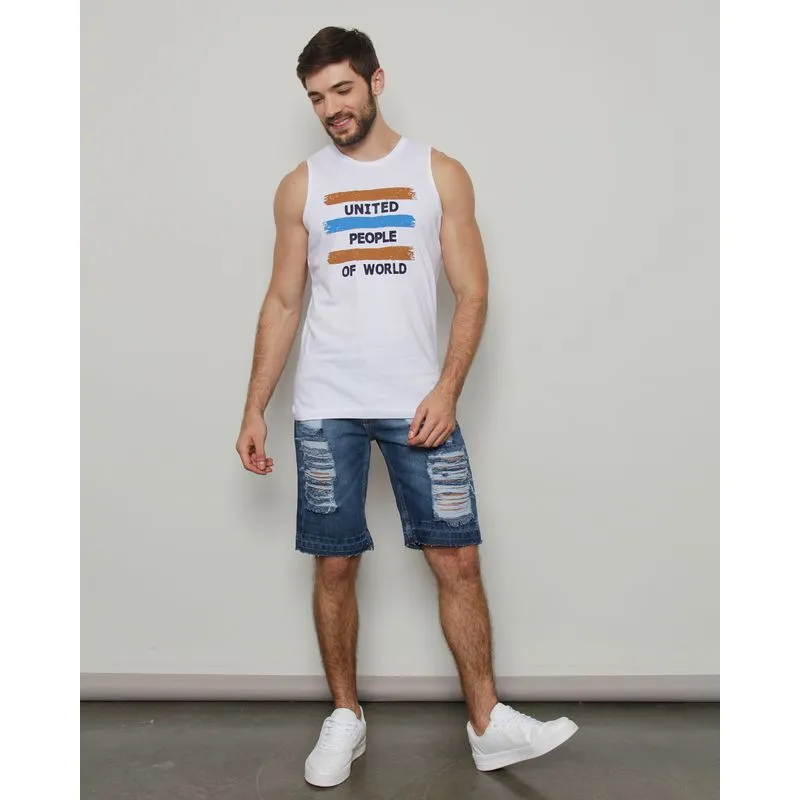 Bermuda Jeans Masculina Reta Destroyed Barra Desfiada Azul 40