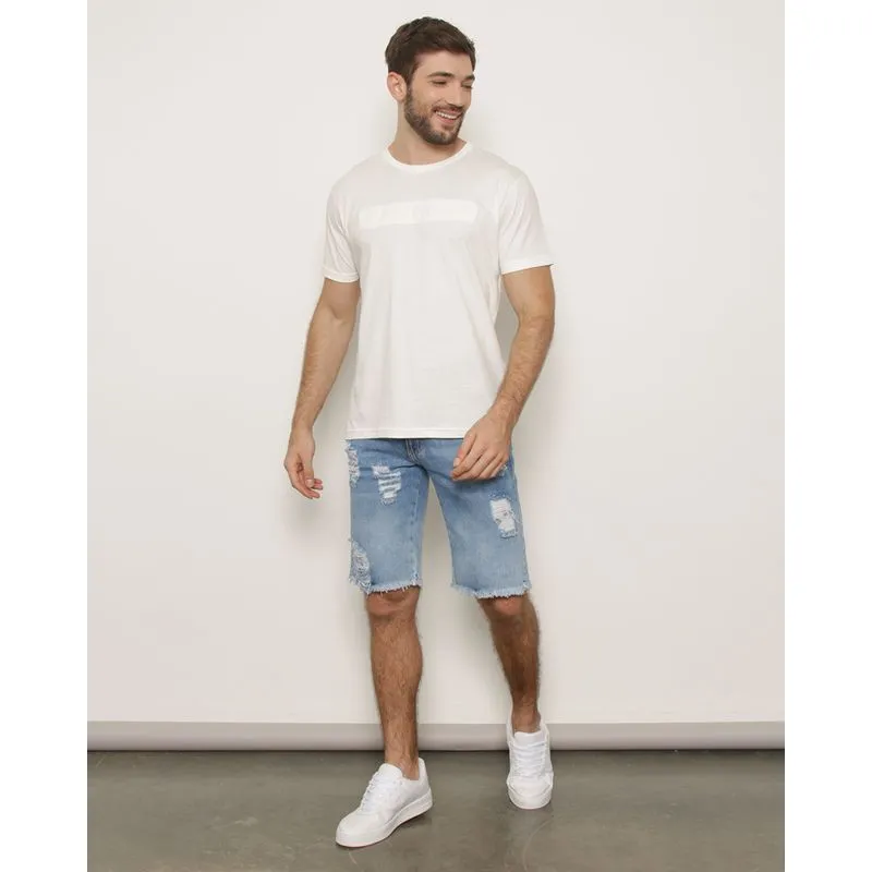 Bermuda Jeans Masculina Reta Destroyed Barra Desfiada Azul 36