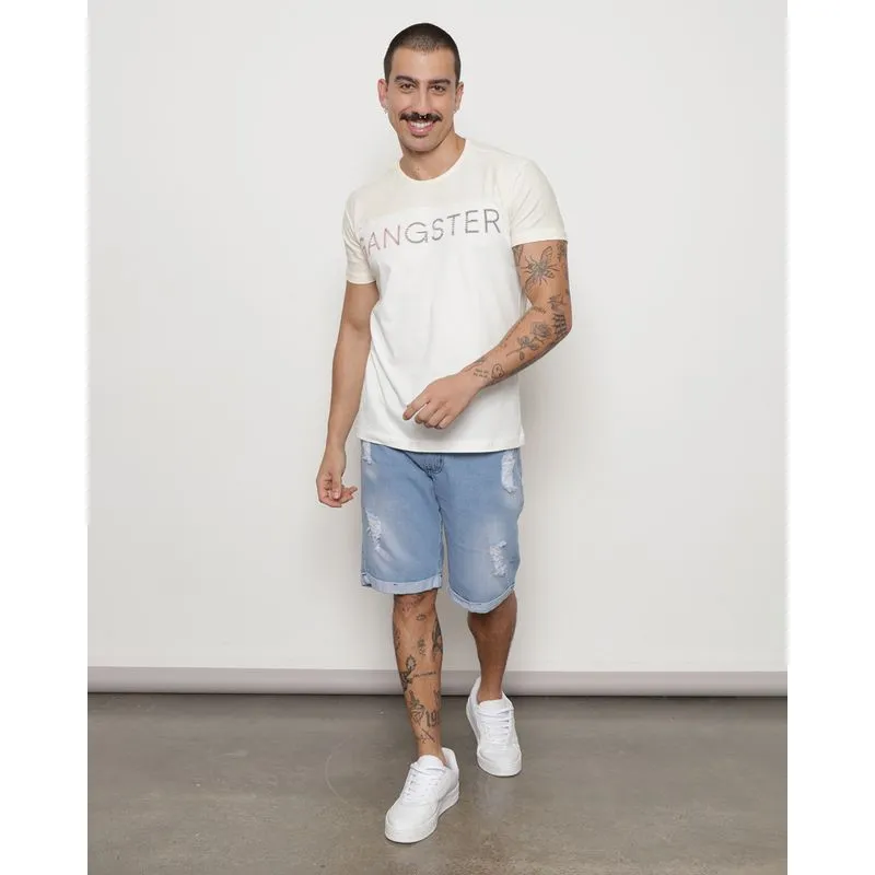 Bermuda Jeans Masculina Reta Destroyed Barra Dobrada Azul 44