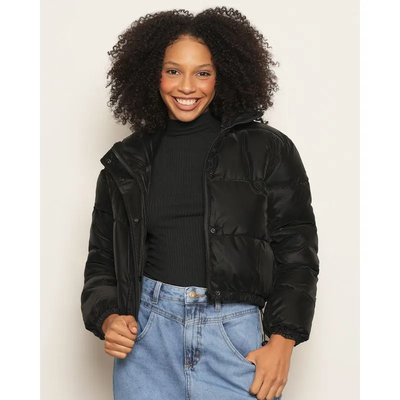 Jaqueta Feminina Puffer Gola Alta Com Bolsos Preto M