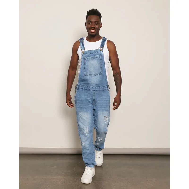 Macacão Jeans Masculino Reta Destroyed Azul 46