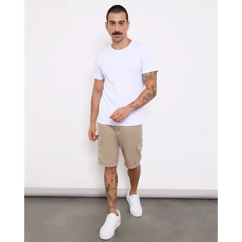Bermuda Masculina Sarja Reta Bolso Cargo Bege 48