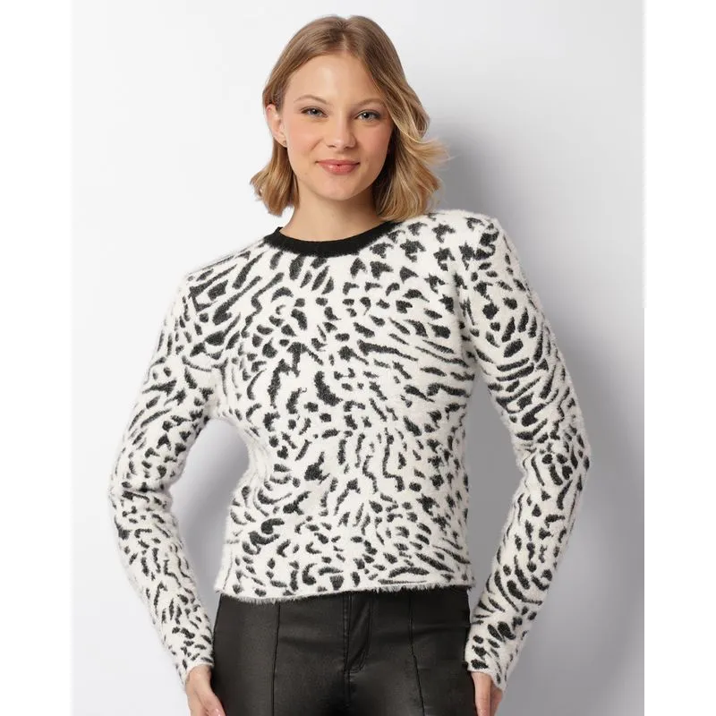 Suéter Feminino Tricô Estampa Animal Print Branco P