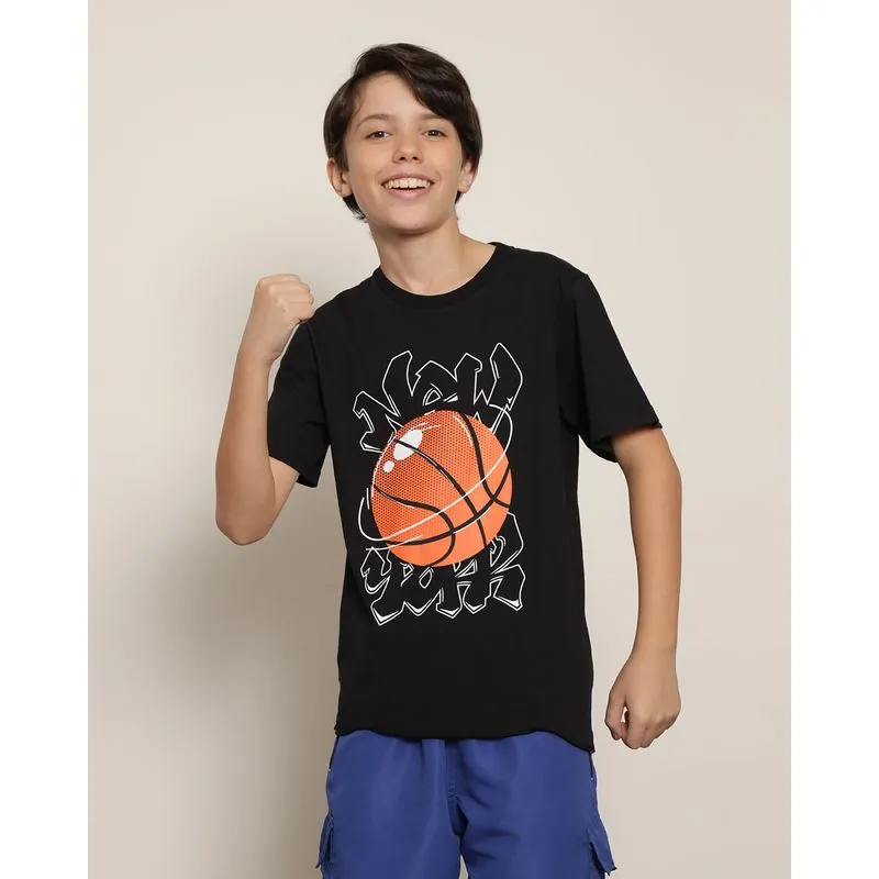 Camiseta Juvenil Menino com Estampa Frente Manga Curta Gola Careca Preta 14