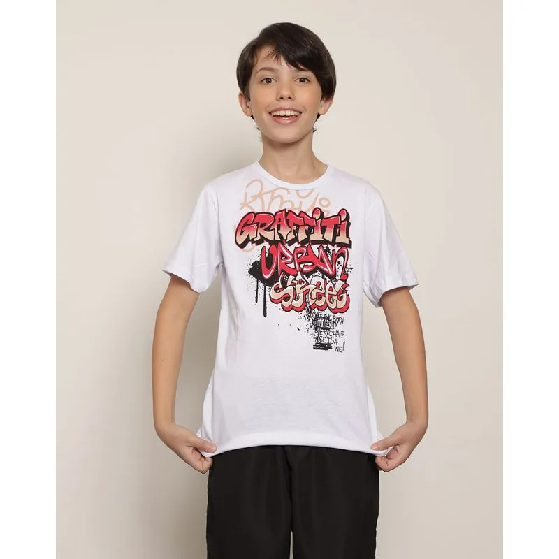 Camiseta Juvenil Menino com Estampa Grafite Manga Curta Gola Careca Branca 12