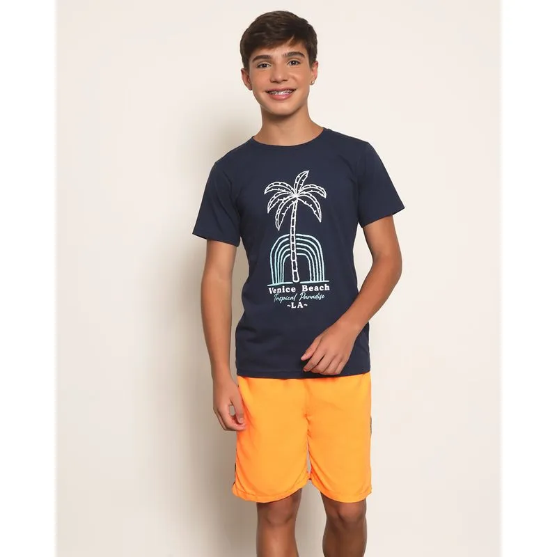 Camiseta Juvenil Estampa Tropical Manga Curta Marinho 10