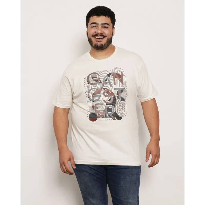 Camiseta Plus Size Masculina Gangster Manga Curta Estampa Off White G2