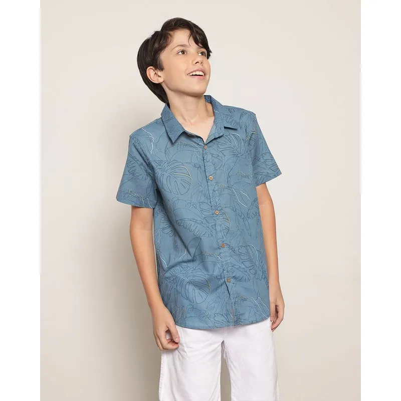 Camisa Juvenil Menino Estampado Em Folhas Manga Curta Marinho 10