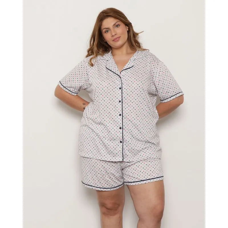 Pijama Plus Size Feminino Com Botões Estampa Corações Cinza 50