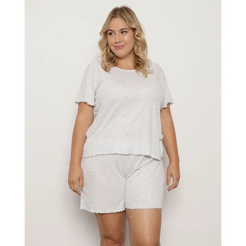 Pijama Plus Size Feminino Curto Canelado Listrado Cinza 52