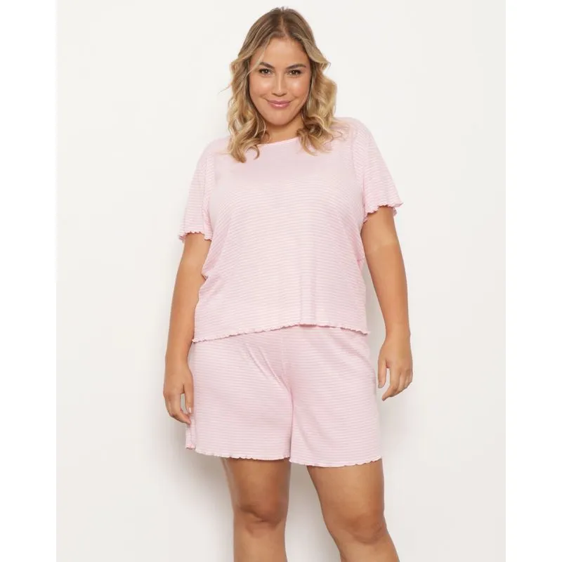 Pijama Plus Size Feminino Curto Com Babado Listrado Rosa 48