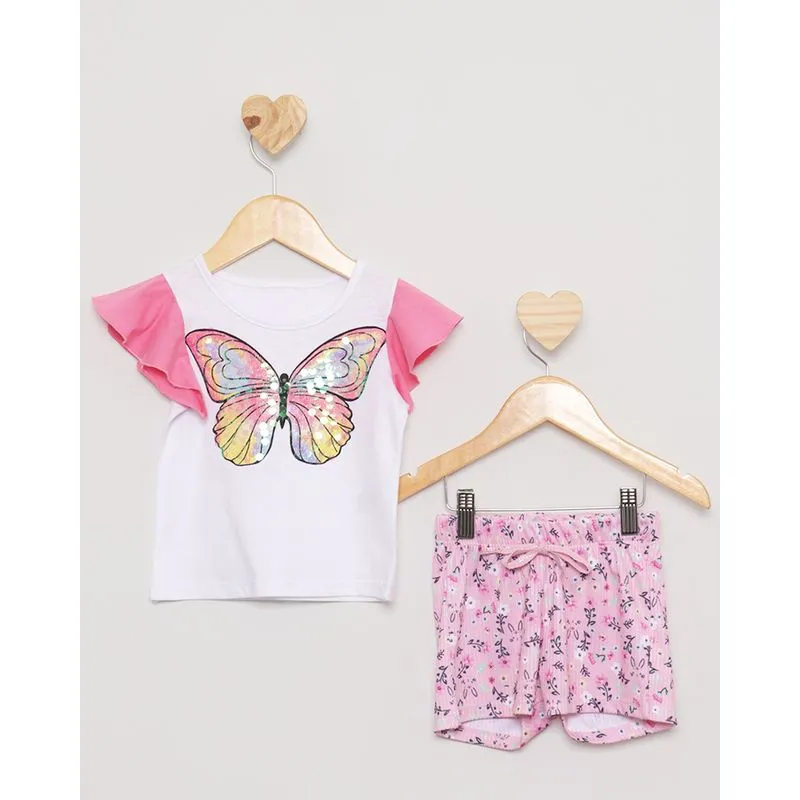 Conjunto Bebê Curto Estampa Borboleta E Paetê Rosa Claro 2