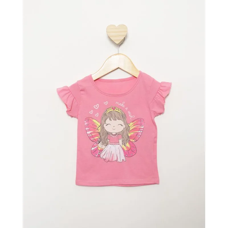 Blusa Bebê Manga Curta Estampa Princesa Com Glitter Rosa 3