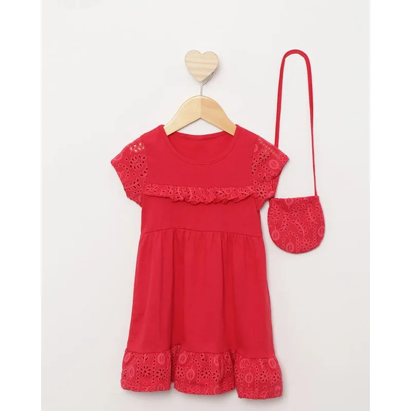 Vestido Bebê Curto com Babado e Mangas em Laise com Bolsa Vermelho 1