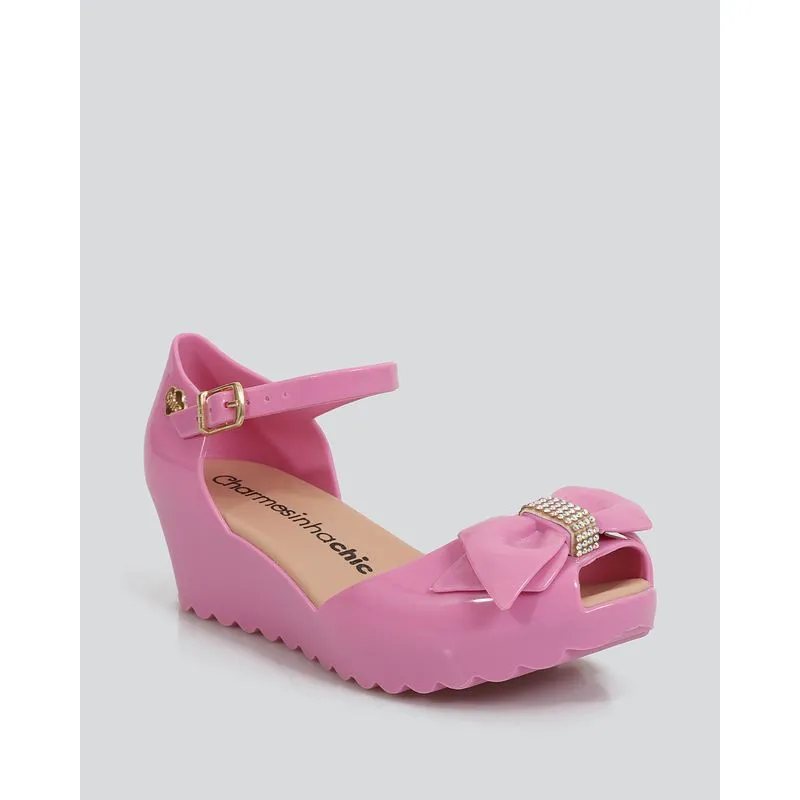 Sandália Infantil Anabela Com Laço E Strass Rosa 31/32