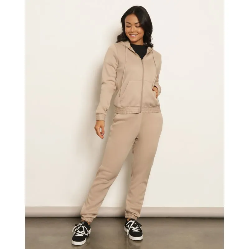 Calça Moletom Feminina Jogger Peluciada Com Bolsos Bege P