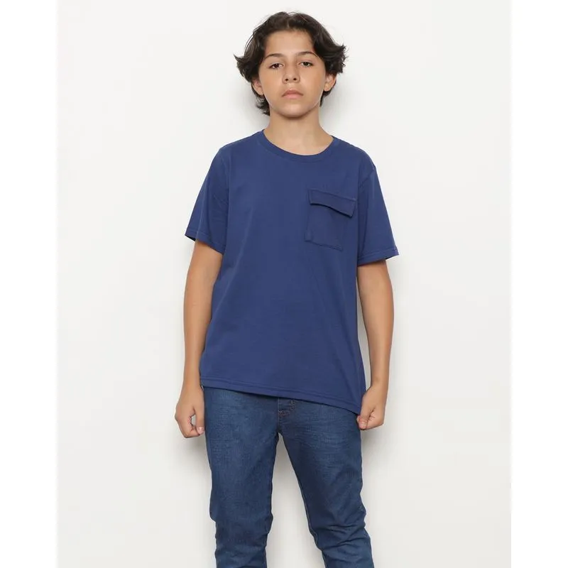 Camiseta Juvenil Manga Curta Bolso Único Frontal Marinho 10