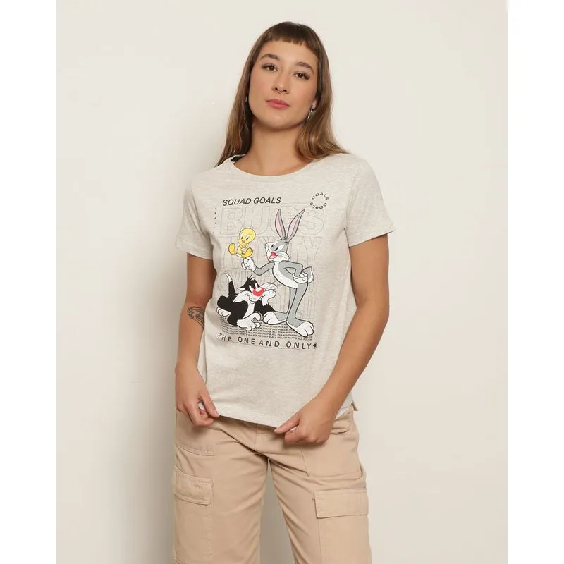 Camiseta Feminina Manga Curta Looney Tunes Com Estampa Cinza M
